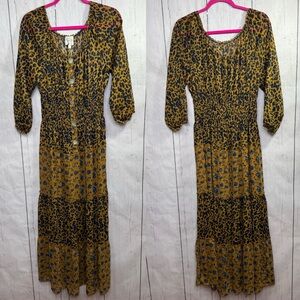 Fig and Flower Leopard Floral Mixed Print Maxi Dress Smocked Waist L Cottagecore